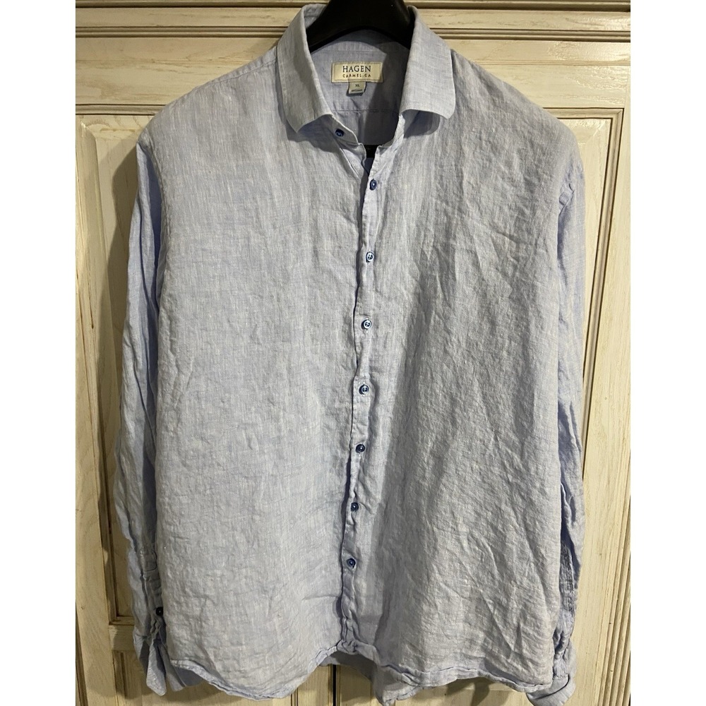 HAGEN CARMEL Men's Size XL Casual Linen Button Front Shirt Blue Beachy